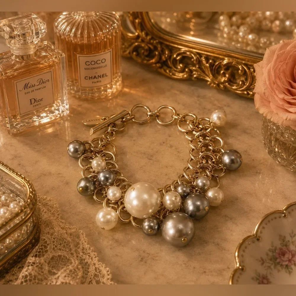 *Classic* Lanvin “Les Perles” Brass Pearl Charm Bracelet White and Gray Pearls